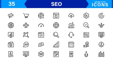 SEO Simge Seti Arama Motorunu İyimserleştirme, Anahtar Sözcükler, Analizler, Sıralama ve Trafik Konseptlerini Temiz, Profesyonel Vektör Biçiminde Ayarla