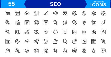 SEO Simge Seti Arama Motorunu İyimserleştirme, Anahtar Sözcükler, Analizler, Sıralama ve Trafik Konseptlerini Temiz, Profesyonel Vektör Biçiminde Ayarla