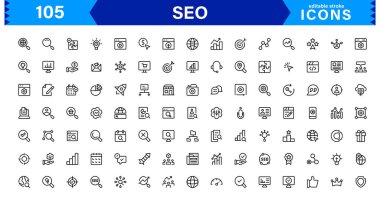 SEO Simge Seti Arama Motorunu İyimserleştirme, Anahtar Sözcükler, Analizler, Sıralama ve Trafik Konseptlerini Temiz, Profesyonel Vektör Biçiminde Ayarla