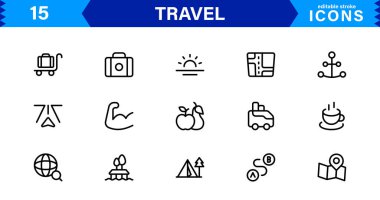 Seyahat Simgesi Ayarları Uçak, Bagaj, Varış, Pasaport ve Seyahat Sembolleri Temiz, Profesyonel Vektör Tasarımı