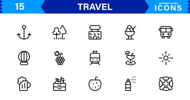 Seyahat Simgesi Ayarları Uçak, Bagaj, Varış, Pasaport ve Seyahat Sembolleri Temiz, Profesyonel Vektör Tasarımı