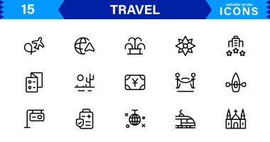 Seyahat Simgesi Ayarları Uçak, Bagaj, Varış, Pasaport ve Seyahat Sembolleri Temiz, Profesyonel Vektör Tasarımı