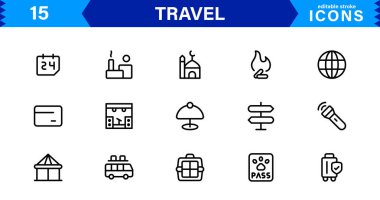 Seyahat Simgesi Ayarları Uçak, Bagaj, Varış, Pasaport ve Seyahat Sembolleri Temiz, Profesyonel Vektör Tasarımı