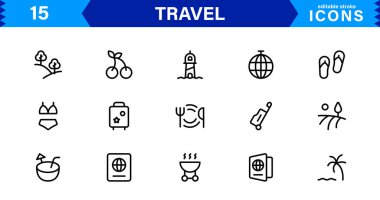 Seyahat Simgesi Ayarları Uçak, Bagaj, Varış, Pasaport ve Seyahat Sembolleri Temiz, Profesyonel Vektör Tasarımı