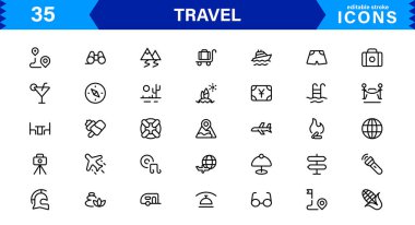 Seyahat Simgesi Ayarları Uçak, Bagaj, Varış, Pasaport ve Seyahat Sembolleri Temiz, Profesyonel Vektör Tasarımı
