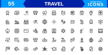 Seyahat Simgesi Ayarları Uçak, Bagaj, Varış, Pasaport ve Seyahat Sembolleri Temiz, Profesyonel Vektör Tasarımı