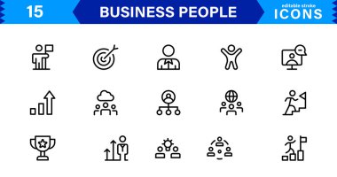 İş İnsanları Simgesi Temsili Liderlik, Takım Çalışması, Toplantılar, Büyüme ve Minimalist, Profesyonel ve İndirmeye Hazır Biçimde Başarı Ayarladı