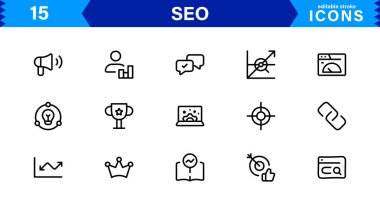 SEO Simge Seti Arama Motorunu İyimserleştirme, Anahtar Sözcükler, Analizler, Sıralama ve Trafik Konseptlerini Temiz, Profesyonel Vektör Biçiminde Ayarla