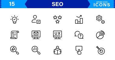 SEO Simge Seti Arama Motorunu İyimserleştirme, Anahtar Sözcükler, Analizler, Sıralama ve Trafik Konseptlerini Temiz, Profesyonel Vektör Biçiminde Ayarla