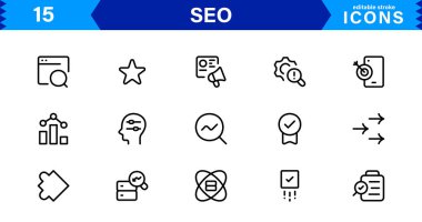 SEO Simge Seti Arama Motorunu İyimserleştirme, Anahtar Sözcükler, Analizler, Sıralama ve Trafik Konseptlerini Temiz, Profesyonel Vektör Biçiminde Ayarla