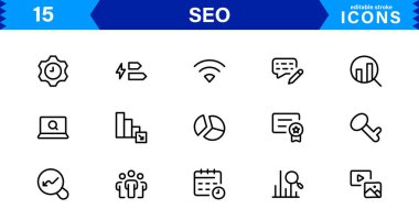 SEO Simge Seti Arama Motorunu İyimserleştirme, Anahtar Sözcükler, Analizler, Sıralama ve Trafik Konseptlerini Temiz, Profesyonel Vektör Biçiminde Ayarla