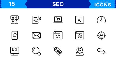 SEO Simge Seti Arama Motorunu İyimserleştirme, Anahtar Sözcükler, Analizler, Sıralama ve Trafik Konseptlerini Temiz, Profesyonel Vektör Biçiminde Ayarla