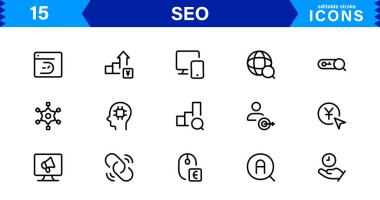 SEO Simge Seti Arama Motorunu İyimserleştirme, Anahtar Sözcükler, Analizler, Sıralama ve Trafik Konseptlerini Temiz, Profesyonel Vektör Biçiminde Ayarla