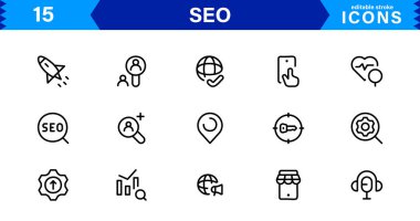 SEO Simge Seti Arama Motorunu İyimserleştirme, Anahtar Sözcükler, Analizler, Sıralama ve Trafik Konseptlerini Temiz, Profesyonel Vektör Biçiminde Ayarla