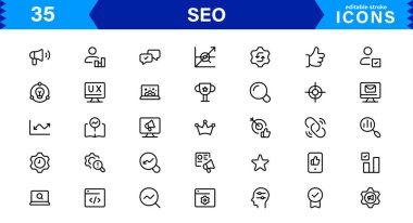SEO Simge Seti Arama Motorunu İyimserleştirme, Anahtar Sözcükler, Analizler, Sıralama ve Trafik Konseptlerini Temiz, Profesyonel Vektör Biçiminde Ayarla