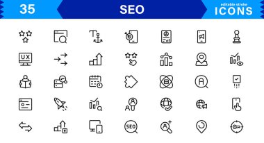 SEO Simge Seti Arama Motorunu İyimserleştirme, Anahtar Sözcükler, Analizler, Sıralama ve Trafik Konseptlerini Temiz, Profesyonel Vektör Biçiminde Ayarla