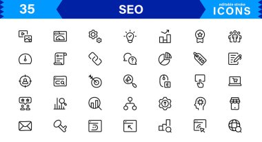 SEO Simge Seti Arama Motorunu İyimserleştirme, Anahtar Sözcükler, Analizler, Sıralama ve Trafik Konseptlerini Temiz, Profesyonel Vektör Biçiminde Ayarla