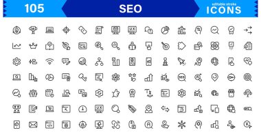 SEO Simge Seti Arama Motorunu İyimserleştirme, Anahtar Sözcükler, Analizler, Sıralama ve Trafik Konseptlerini Temiz, Profesyonel Vektör Biçiminde Ayarla