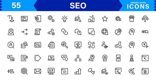 SEO Icon Set Features Search Engine, Keywords, Analytics, Ranking, and Traffic Contacts in a clean, nonal Vector Style