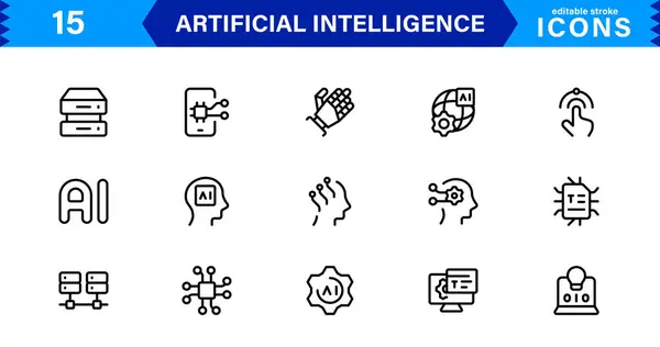 AI Simge Kümesi Özelleştirme Makineleri Öğrenme, Sinirsel Ağ, Robotlar, Otomasyon ve Veri Analizi Bize Temiz, Basit Bir Vektör Tasarımı