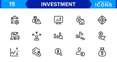 Yatırım Simgesi Tanıtım Seti Finans, Borsa, Büyüme ve Risk Yönetimi 'ni Profesyonel, Basit ve İndirmeye Hazır Vektör Styl