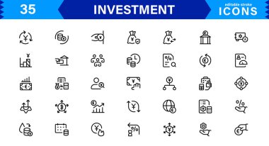 Yatırım Simgesi Tanıtım Seti Finans, Borsa, Büyüme ve Risk Yönetimi 'ni Profesyonel, Basit ve İndirmeye Hazır Vektör Styl