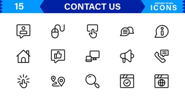 Kullanılan UI UX Tasarımı, E- posta, Telefon, Sohbet, Konum ve Müşteri Hizmeti Sembolleri için Temel Kişiler Vektör Simgeleri