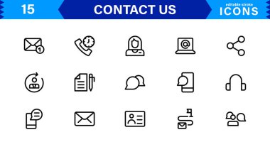 Kullanılan UI UX Tasarımı, E- posta, Telefon, Sohbet, Konum ve Müşteri Hizmeti Sembolleri için Temel Kişiler Vektör Simgeleri