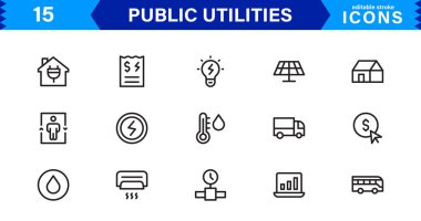 Kamu Hizmetleri Simgesi Paketi, Su, Elektrik, Atık Yönetim ve Kamu Hizmetleri için Modern, Ölçeklenebilir Satır Sanatı.