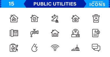 Kamu Hizmetleri Simgesi Paketi, Su, Elektrik, Atık Yönetim ve Kamu Hizmetleri için Modern, Ölçeklenebilir Satır Sanatı.