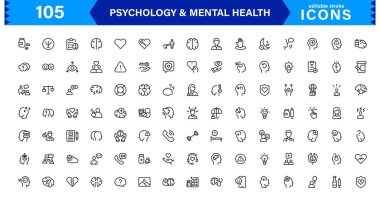 Ruh Sağlığı ve Psikoloji Simgesi Seti, Terapi, Sağlık ve Duygusal Farkındalık Projeleri için Profesyonel İllüstrasyonlar.