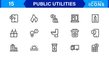 Kamu Hizmetleri Simgesi Paketi, Su, Elektrik, Atık Yönetim ve Kamu Hizmetleri için Modern, Ölçeklenebilir Satır Sanatı.