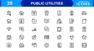 Kamu Hizmetleri Simgesi Paketi, Su, Elektrik, Atık Yönetim ve Kamu Hizmetleri için Modern, Ölçeklenebilir Satır Sanatı.