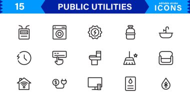 Kamu Hizmetleri Simgesi Paketi, Su, Elektrik, Atık Yönetim ve Kamu Hizmetleri için Modern, Ölçeklenebilir Satır Sanatı.