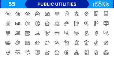 Kamu Hizmetleri Simgesi Paketi, Su, Elektrik, Atık Yönetim ve Kamu Hizmetleri için Modern, Ölçeklenebilir Satır Sanatı.