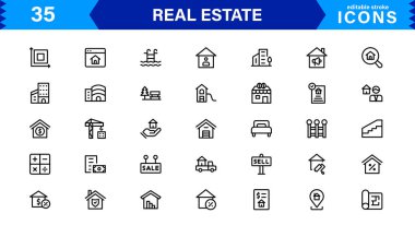 Emlak ve Emlak Simgeleri Konut, İnşaat ve Kiralama Elementleri ile Temiz Vektör Biçiminde Paketlenir.