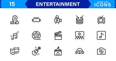 Medya, Müzik, Oyunlar ve Satır Sanatı Biçiminde Etkinlikler için Eğlence Vektörü Simgeleri