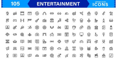 Medya, Müzik, Oyunlar ve Satır Sanatı Biçiminde Etkinlikler için Eğlence Vektörü Simgeleri