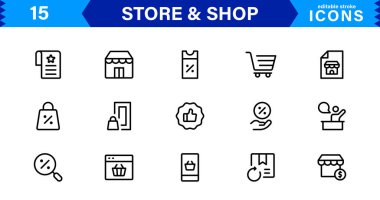 Alışveriş Arabası, Kasa, Ürün Etiketleri ve Satış Simgeleri ile Tam Mağaza Simgesi Koleksiyonu.