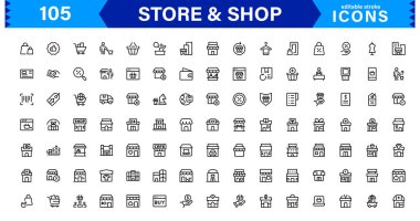 Alışveriş Arabası, Kasa, Ürün Etiketleri ve Satış Simgeleri ile Tam Mağaza Simgesi Koleksiyonu.