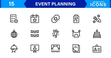 En Küçük ve Modern Biçimli Davetler, Dekorasyonlar, Zaman Çizgileri ve Koordinasyon Araçları dahil Etkinlik Planlama için Vektör Simgesi Koleksiyonu