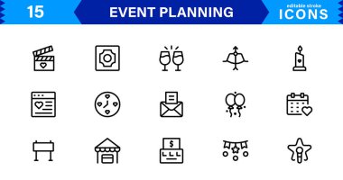 En Küçük ve Modern Biçimli Davetler, Dekorasyonlar, Zaman Çizgileri ve Koordinasyon Araçları dahil Etkinlik Planlama için Vektör Simgesi Koleksiyonu