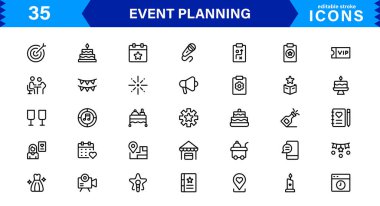 En Küçük ve Modern Biçimli Davetler, Dekorasyonlar, Zaman Çizgileri ve Koordinasyon Araçları dahil Etkinlik Planlama için Vektör Simgesi Koleksiyonu