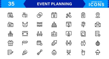 En Küçük ve Modern Biçimli Davetler, Dekorasyonlar, Zaman Çizgileri ve Koordinasyon Araçları dahil Etkinlik Planlama için Vektör Simgesi Koleksiyonu