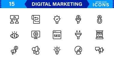 SEO, Sosyal Medya, Analiz ve Reklam Sembolleri içeren Dijital Pazarlama Simgesi Ayarları