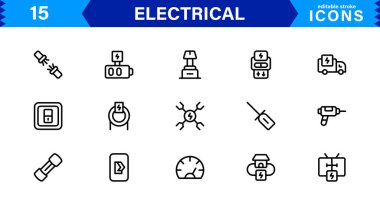 Elektrik Simgeleri Koleksiyon Vektör Hattı Resimleri Güç, Devre, Enerji, Prizler ve Araç Tasarımı 