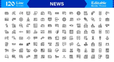 Haber gazeteciliği manşeti spot ışıkları simge çizgisi simgesi seti, medya basın raporunun asgari özet koleksiyonu vektör grafikleri