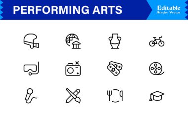 Sahne Sanatları Profesyoneli Asgari çizgi simgesi Modern tiyatro maskeleri, bale ayakkabıları, müzik notaları, sahne perdeleri, orkestra, dans, drama sembolleri 