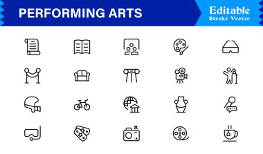 Sahne Sanatları Profesyoneli Asgari çizgi simgesi Modern tiyatro maskeleri, bale ayakkabıları, müzik notaları, sahne perdeleri, orkestra, dans, drama sembolleri 