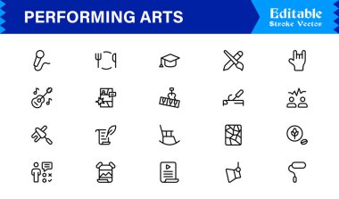 Sahne Sanatları Profesyoneli Asgari çizgi simgesi Modern tiyatro maskeleri, bale ayakkabıları, müzik notaları, sahne perdeleri, orkestra, dans, drama sembolleri 